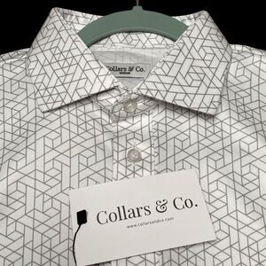 Collars & Co Polo Shirt Mens M White Geo Dress Collar Office Casual Preppy NWT